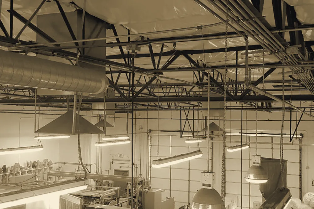Overhead piping in a commercial shop space